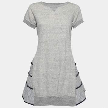 Pre Owned Sacai Grey Cotton & Blue Contrast Skirt Detail Short Sleeve Dress M