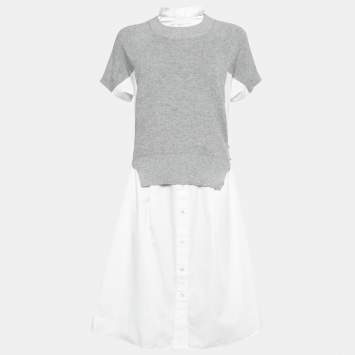 Pre Owned Sacai White Cotton Poplin & Knit Inset Midi Dress S
