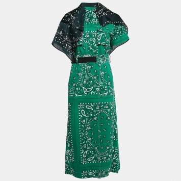 Pre Owned Sacai Green Bandana Print Cotton Scarf Trim Open Back Midi Dress S
