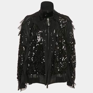 Pre Owned Sacai Black Sequin Crepe Ruffled Zip-Up Bomber Jacket L