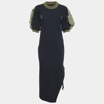 Sacai Navy Blue Rib Knit Puff Sleeve Satin Panel Detail Midi Dress S