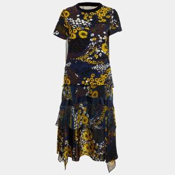 Sacai Navy Blue Floral Print Corduroy & Chiffon Top and Skirt Set S