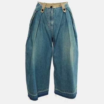 Sacai Blue Denim & Beige Synthetic Paneled Capri Pants M