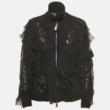 مملوكة مسبقًا Sacai Black Lace Ruffle Detail Zip Up Jacket M