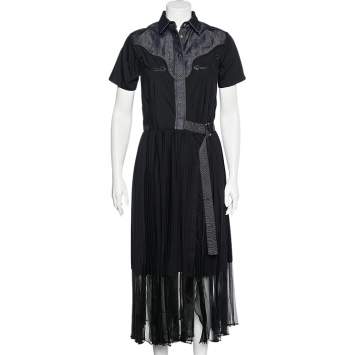 Pre Owned Sacai Indigo Denim & Poplin Pleated Wrap Maxi Dress XS