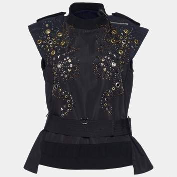 Pre Owned Sacai Black Synthetic Grommet Studded Belted Top S