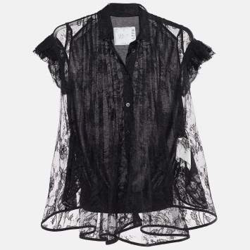 Pre Owned Sacai Black Lace & Cotton Paneled Button Front Top S