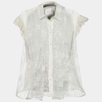 Pre Owned Sacai White Lace & Cotton Paneled Button Front Top S