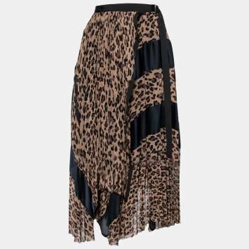Pre Owned Sacai Brown Animal Print Chiffon Pleated Wrap Skirt S