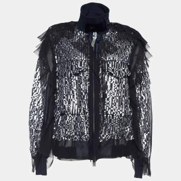 Pre Owned Sacai Navy Blue Sequined Bomber Jacket S