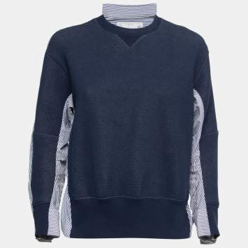 Pre Owned Sacai Navy Blue Knit & Striped Cotton Poplin Back Sweatshirt S