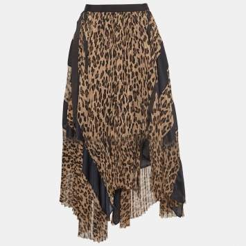 Pre Owned Sacai Brown Leopard Print Pleated Crepe Asymmetrical Midi Skirt S