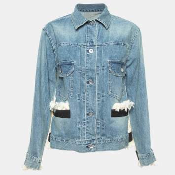 Pre Owned Sacai Blue Tweed Trim Denim Fringed Buttoned Jacket M