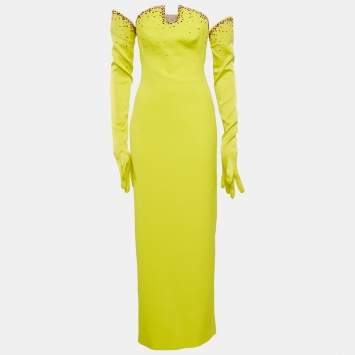 Pre Owned Safiyaa Lime Green Rhinestone Crepe Strapless Gown With Gloves S