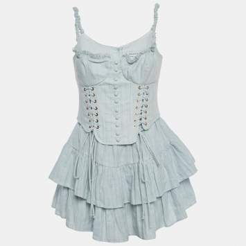 Pre Owned Sagaza Light Blue Pin Striped Cotton Rokoko Mini Dress