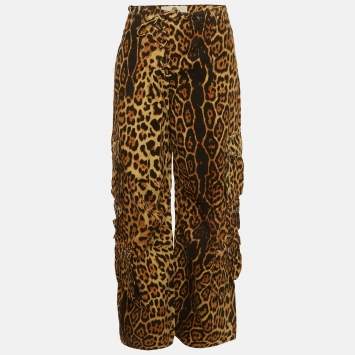 مملوكة مسبقًا Sagaza Brown Leopard Print Denim Wide Leg Cargo Pants M