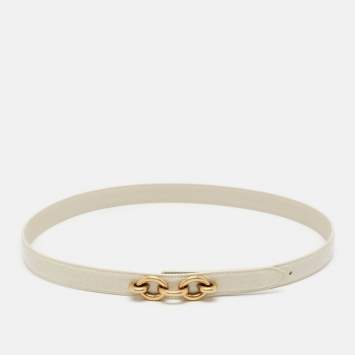 Pre Owned Saint Laurent Off White Croc Embossed Leather Chain Detail Waist Belt 75CM