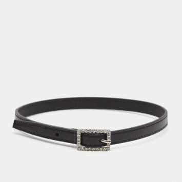 Pre Owned Saint Laurent Crystal Buckle Black Leather Choker