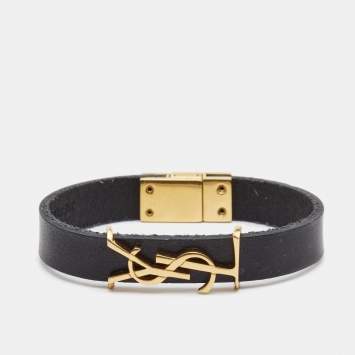 Pre Owned Saint Laurent YSL Black Leather Gold Tone Bracelet