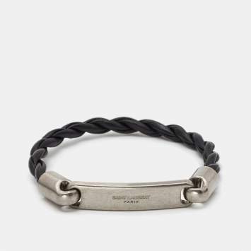 Pre Owned Saint Laurent Black Woven Leather Id Tag Silver Tone Bracelet 