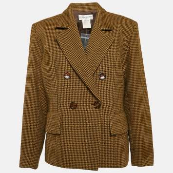 Pre Owned Yves Saint Laurent Vintage Yellow/Black Houndstooth Wool Double Breasted Blazer XL