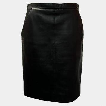 Pre Owned Saint Laurent Paris Black Leather Midi Skirt