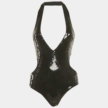 Saint Laurent Paris Black Sequin Embellished Jersey Cut-Out Swimsuit XS