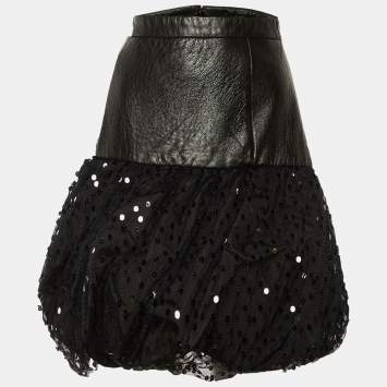 مملوكة مسبقًا Saint Laurent Black Leather & Sequin Tulle Mini Skirt L 