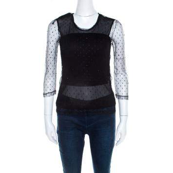 Pre Owned Saint Laurent Paris Black Bead Embellished Mesh Long Sleeve Top XS