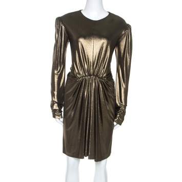Pre Owned Saint Laurent Paris Gold Stretch Knit Gathered Waist Detail Dress M
