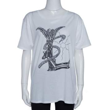 Pre Owned Saint Laurent Paris White Cotton Logo Printed T Shirt XL