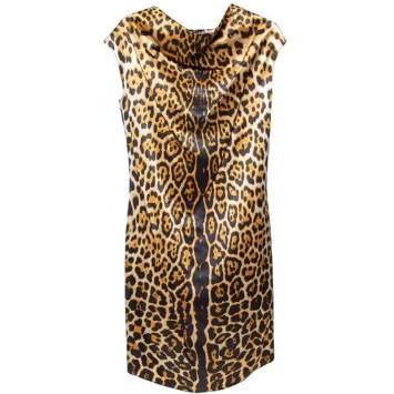 Pre Owned Yves Saint Laurent Brown Leopard Printed Silk Satin Cowl Neck Detail Shift Dress S