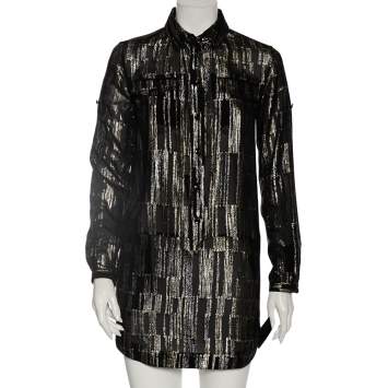 Pre Owned Saint Laurent Metallic Lurex Silk Flap Pocket Detail Mini Shirt Dress S