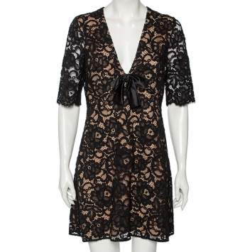 Pre Owned Saint Laurent Black Floral Lace & Silk Bow Detail V-Neck Dress L 