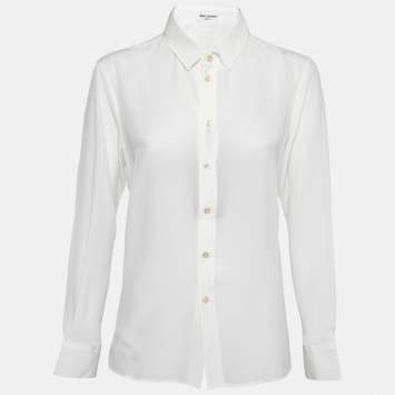 Pre Owned Saint Laurent Pearl White Crepe de Chine Silk Shirt L