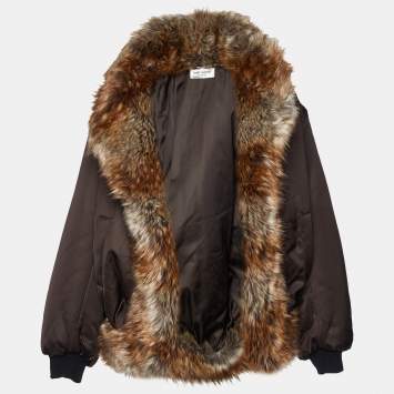 Pre Owned   Saint Laurent Paris Brown Faux Fur Trim Satin Padded Bomber Jacket S