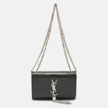 Pre Owned Saint Laurent Green Croc Embossed Leather New Small Kate Wallet on Chain