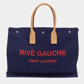 Pre Owned Saint Laurent Navy Blue Canvas Large Rive Gauche Tote