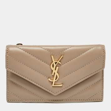 Pre Owned Saint Laurent Beige Matelassé Leather Cassandre Zip Card Case