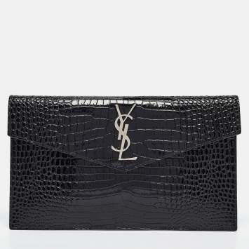 Saint Laurent Black Croc Embossed Leather Uptown Clutch