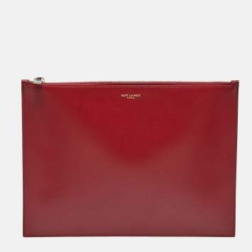Pre Owned Saint Laurent Red Leather Zip Pouch Clutch