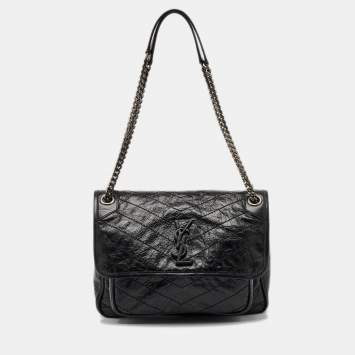 Pre Owned Saint Laurent Black Crinkled Leather Medium Niki Shoulder Bag