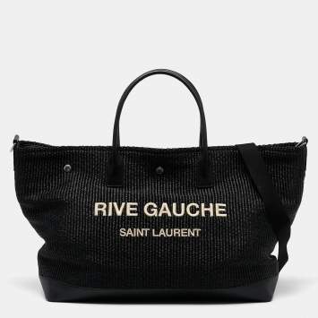 Pre Owned Saint Laurent Black Raffia Rive Gauche Logo Oversized Tote