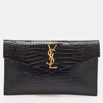 Pre Owned Saint Laurent Black Croc Embossed Leather Uptown Envelope Clutch