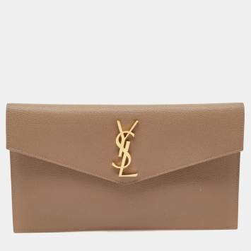 Pre Owned Saint Laurent Taupe Grey Leather Uptown Clutch