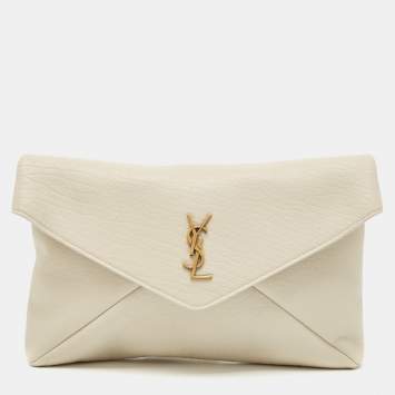 Pre Owned Saint Laurent Off White Leather Large Cassandre Envelope Pouch