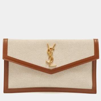 Pre Owned Saint Laurent Beige/Brown Canvas and Leather Uptown Slim Clutch