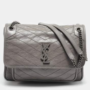 Pre Owned Saint Laurent Grey Crinkled Leather Large Niki Shoulder Bag