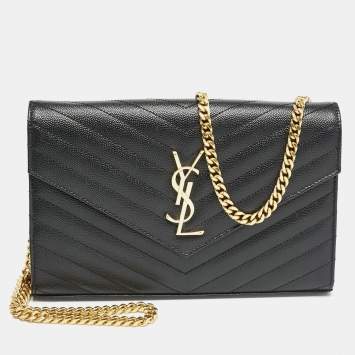 Saint Laurent Black Matelassé Leather Cassandre Envelope Wallet on Chain