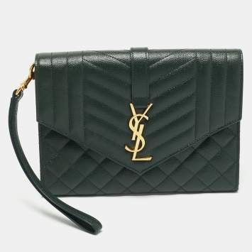 Saint Laurent Green Mixed Quilted Leather Envelope Flap Wristlet Clutch 